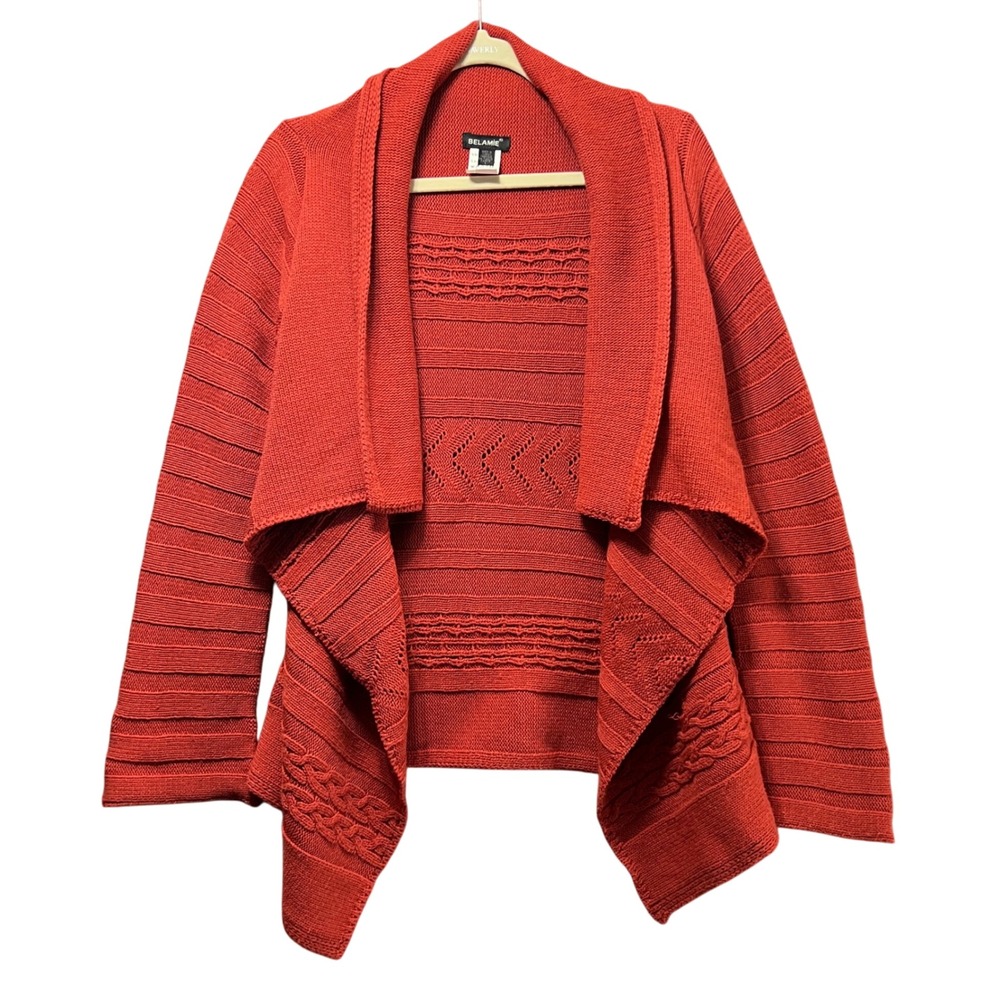 Rust Red Merino Wool Blend Open Front‎ Knit Cardigan Sweater Waterfall Draped L